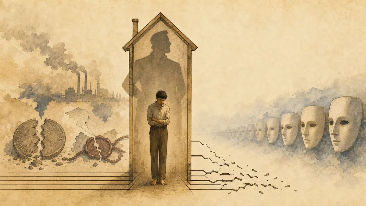 권위적인 가정의 그림자 아래 선 인물과 대중의 가면 사이에서 인과관계의 선이 끊어지는 모습