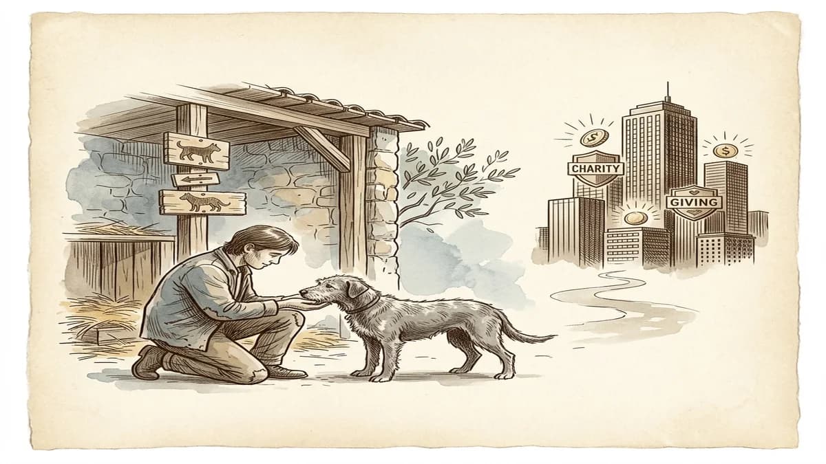 시골의 소박한 사설 보호소에서 유기견을 돌보는 보호자와 멀리 보이는 대형 단체의 대비적 상징 일러스트
